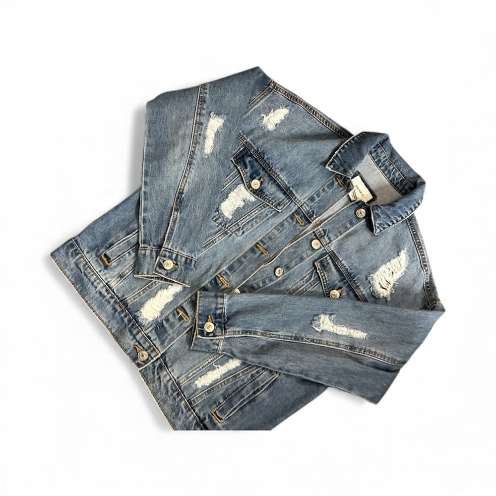 Forever 21 Distressed Denim Jean Jacket Blue Ripped Trucker Small